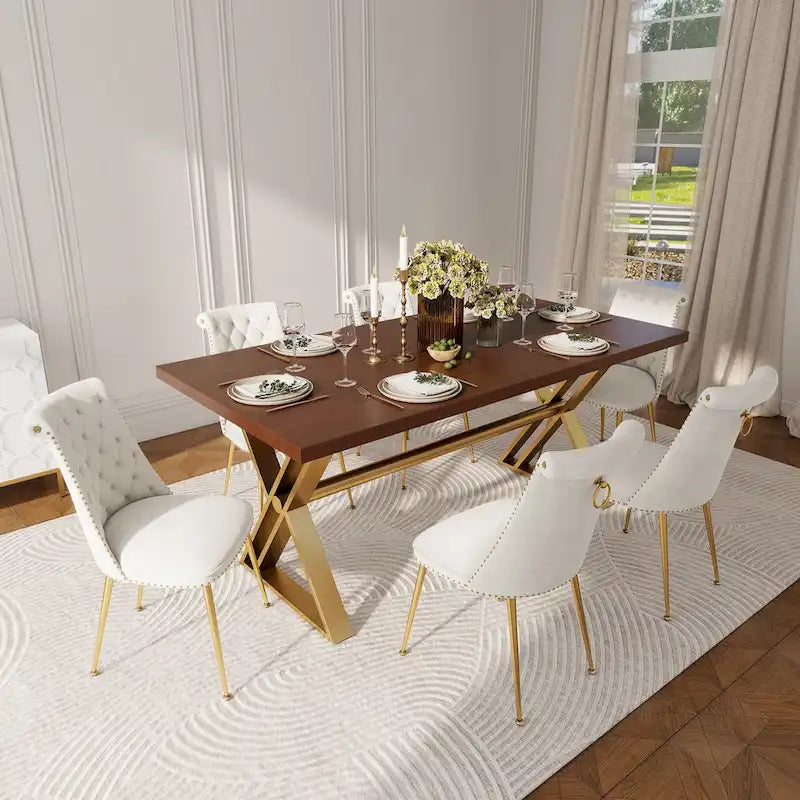 7-Piece Clihome Walut Wood Dining Table with Velvet Chair Dining Chair