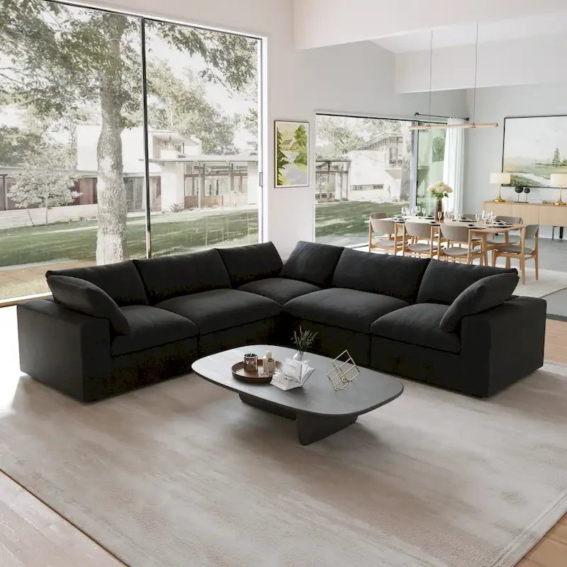 Black Commix Down Filled Overstuffed Sectional Sofa with Ottoman
