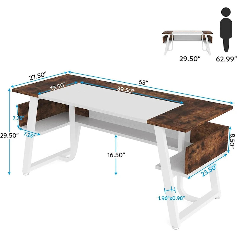 63 Inches Large Executive Desk with Bottom Shelves