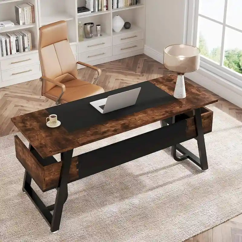63 Inches Large Executive Desk with Bottom Shelves