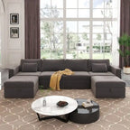 Modern Cotton Linen L-Shape Sectional Sofa, Oversized Upholstery Sectional Sofa, Chaise Couch with Storage Ottomans for Living R
