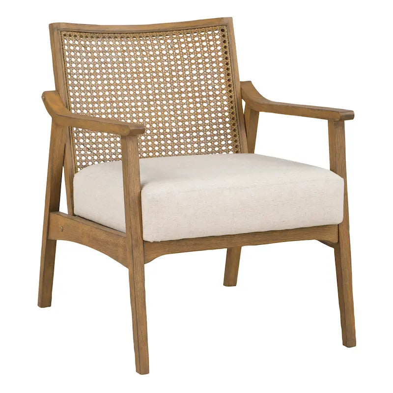 Natural Wood Arm Chair with Cane Back - Linen Padded Seat