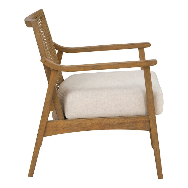 Natural Wood Arm Chair with Cane Back - Linen Padded Seat