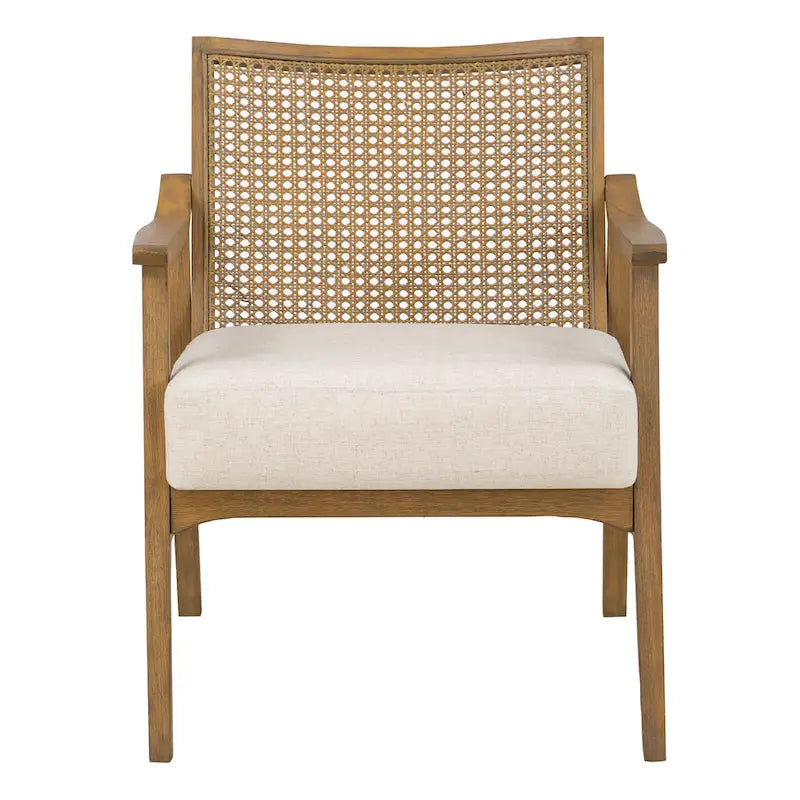 Natural Wood Arm Chair with Cane Back - Linen Padded Seat