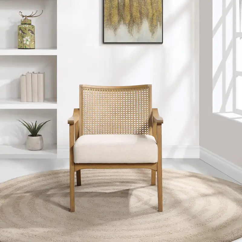 Natural Wood Arm Chair with Cane Back - Linen Padded Seat