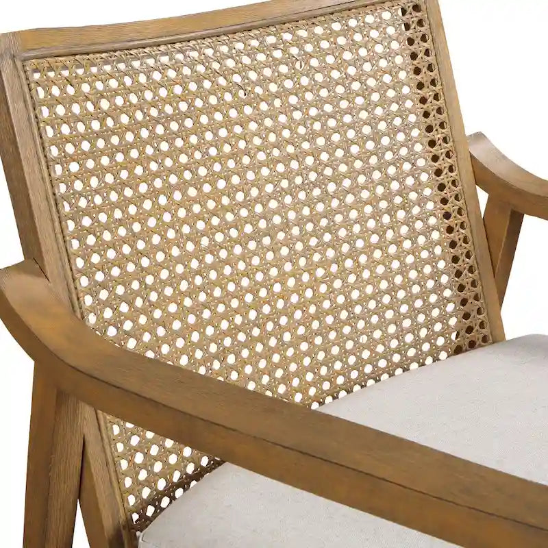 Natural Wood Arm Chair with Cane Back - Linen Padded Seat