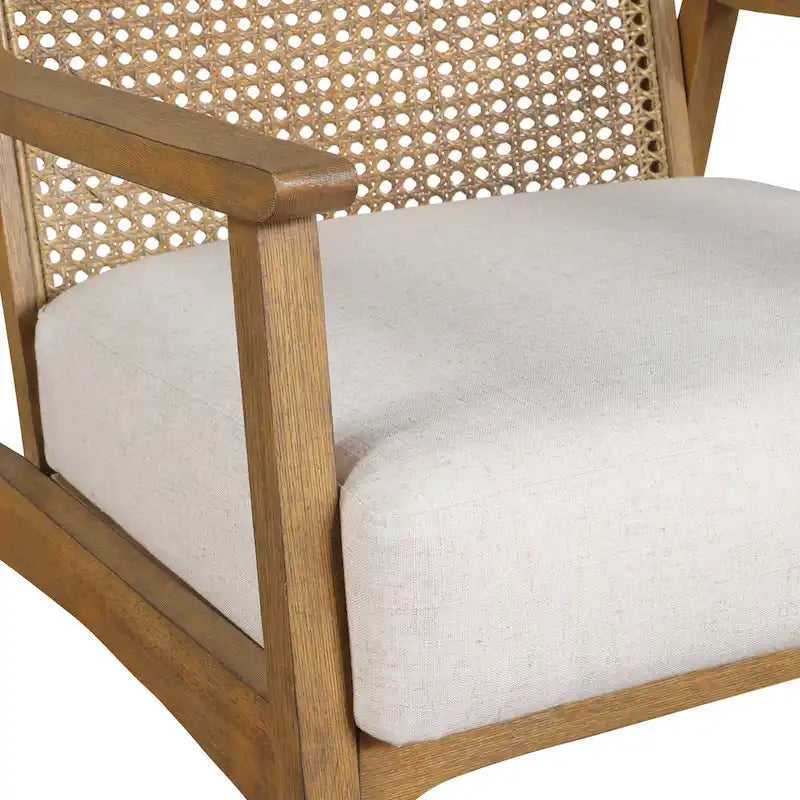 Natural Wood Arm Chair with Cane Back - Linen Padded Seat