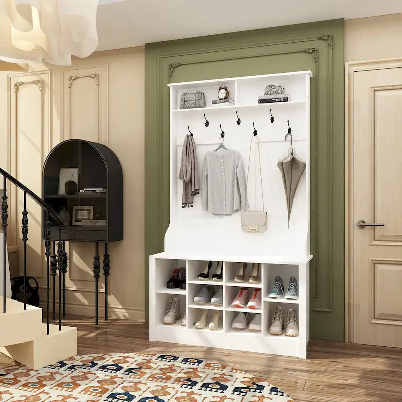 Coat Rack and Storage Bench Hall Tree with Shoe Rack for Entryway