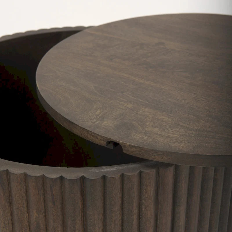 Terra Dark Brown Solid Wood Fluted Round Side Table