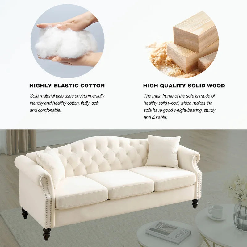 3 Seater Sofa Tufted Couch with Rolled Arms and Nailhead