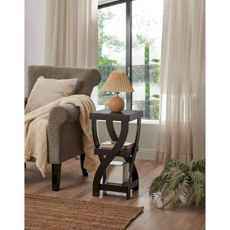 Side End Table with Curved Legs and Storage Shelfs, Espresso