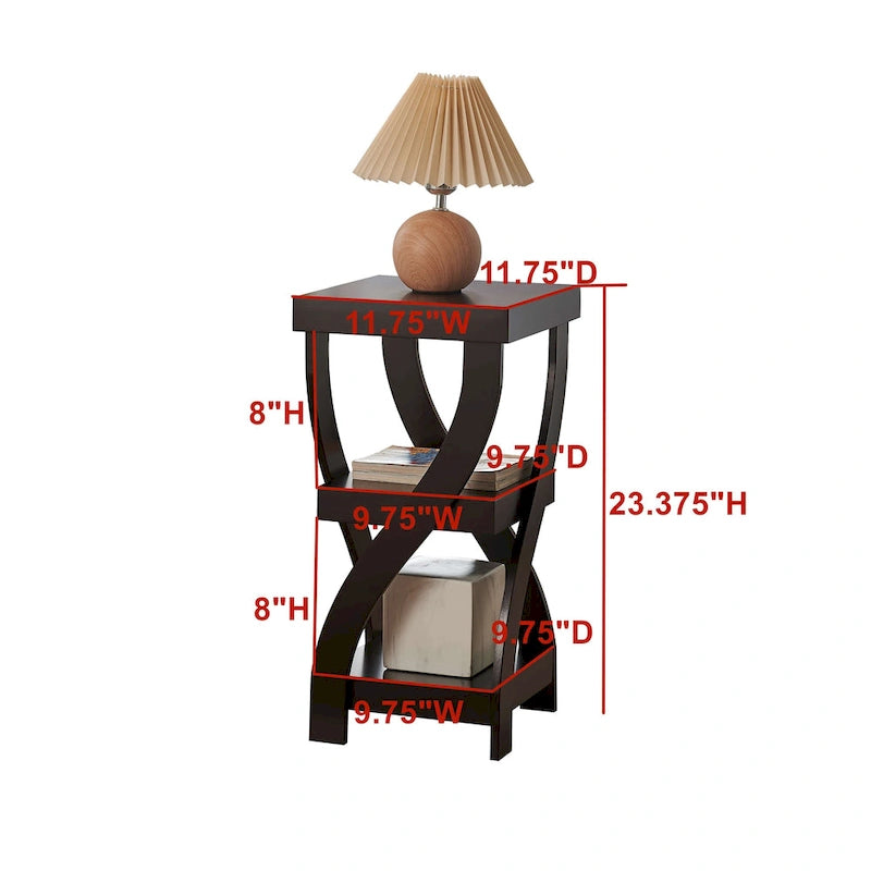 Espresso Wood Side Table with Curved Legs - 2 Storage Shelves