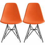 Set of 2 Mid-Century Modern Dining Side Chairs Armless Plastic Shell Seat with Black Metal Wire Eiffel Base, White