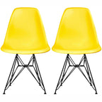 Set of 2 Mid-Century Modern Dining Side Chairs Armless Plastic Shell Seat with Black Metal Wire Eiffel Base, White