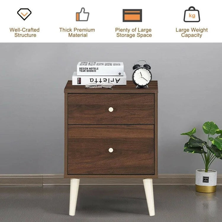 Walnut 2-Drawer Nightstand with Rubber Wood Legs (18"L x 16"W x 24.5"H)