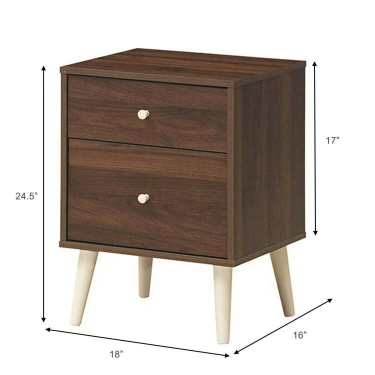 Walnut 2-Drawer Nightstand with Rubber Wood Legs (18"L x 16"W x 24.5"H)