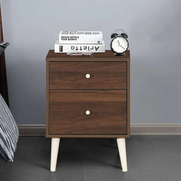 Walnut 2-Drawer Nightstand with Rubber Wood Legs (18"L x 16"W x 24.5"H)