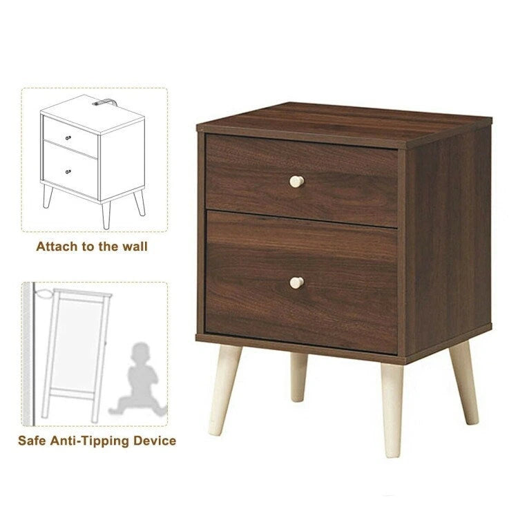 Walnut 2-Drawer Nightstand with Rubber Wood Legs (18"L x 16"W x 24.5"H)