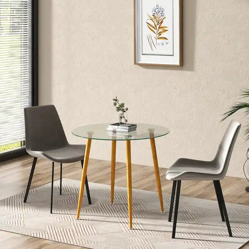 Gymax Leisure Coffee Table Round Glass Dining Table w/ Metal Legs