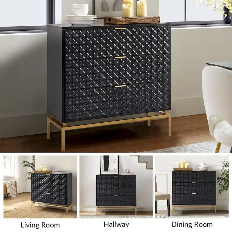 Mid-Century Storage Cabinet with Gold Metal Base - 3 Drawer (31")