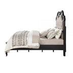 Chery King Size Bed with Button Tufted Headboard, Beige Upholstery, Black
