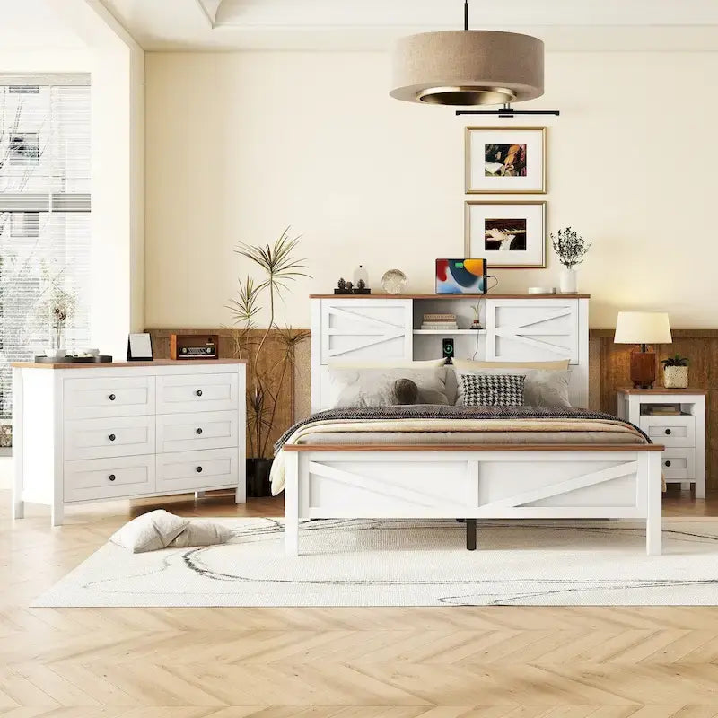3-Pieces Bedroom Sets Farmhouse Platform Bed with Nightstand and Dresser