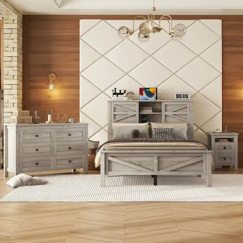 3-Pieces Bedroom Sets Farmhouse Platform Bed with Nightstand and Dresser