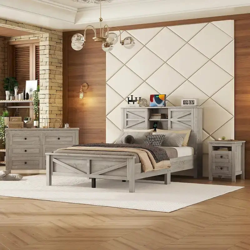 3-Pieces Bedroom Sets Farmhouse Platform Bed with Nightstand and Dresser