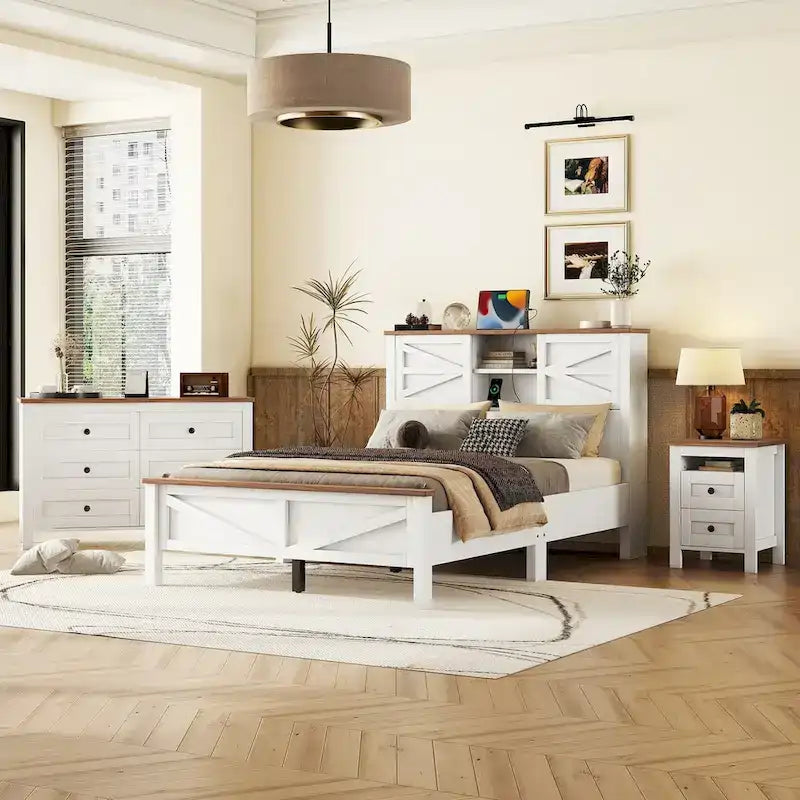 3-Pieces Bedroom Sets Farmhouse Platform Bed with Nightstand and Dresser