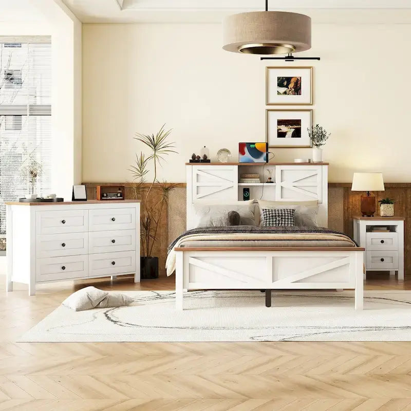 3-Pieces Bedroom Sets Farmhouse Platform Bed with Nightstand and Dresser