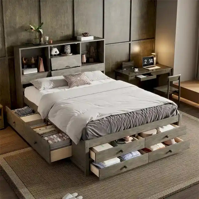 Queen Size Platform Bed with Storage Headboard and 8 Drawers