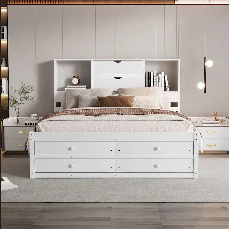Queen Size Platform Bed with Storage Headboard and 8 Drawers