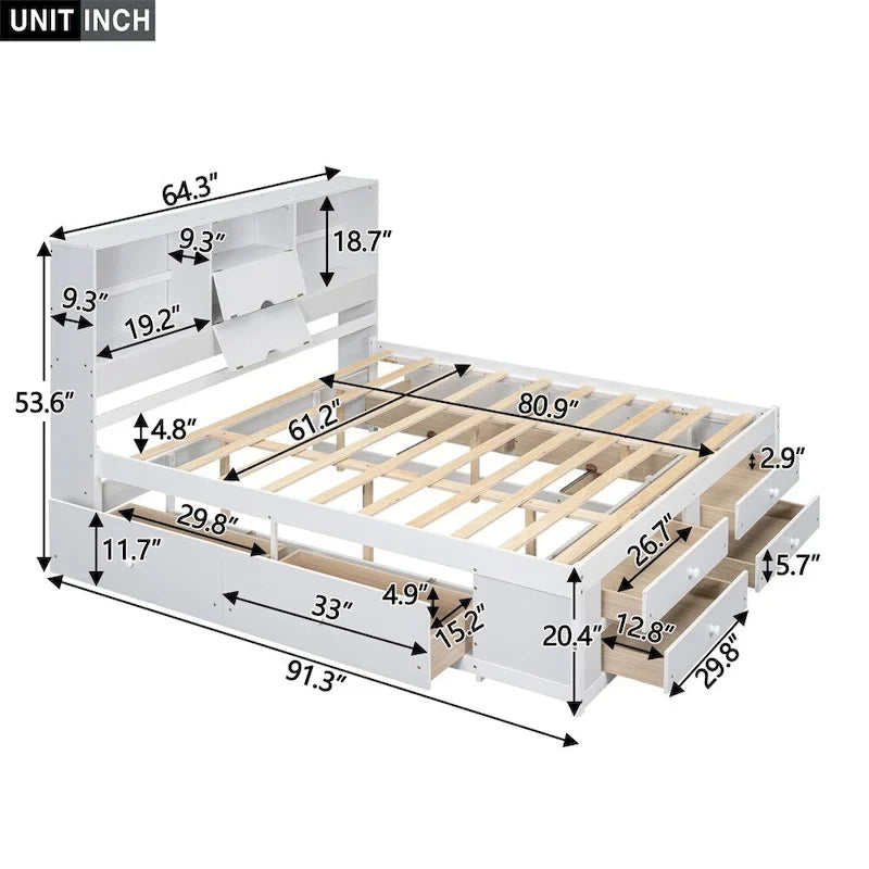 Queen Size Platform Bed with Storage Headboard and 8 Drawers