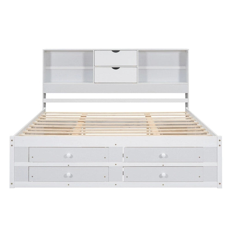 Queen Size Platform Bed with Storage Headboard and 8 Drawers