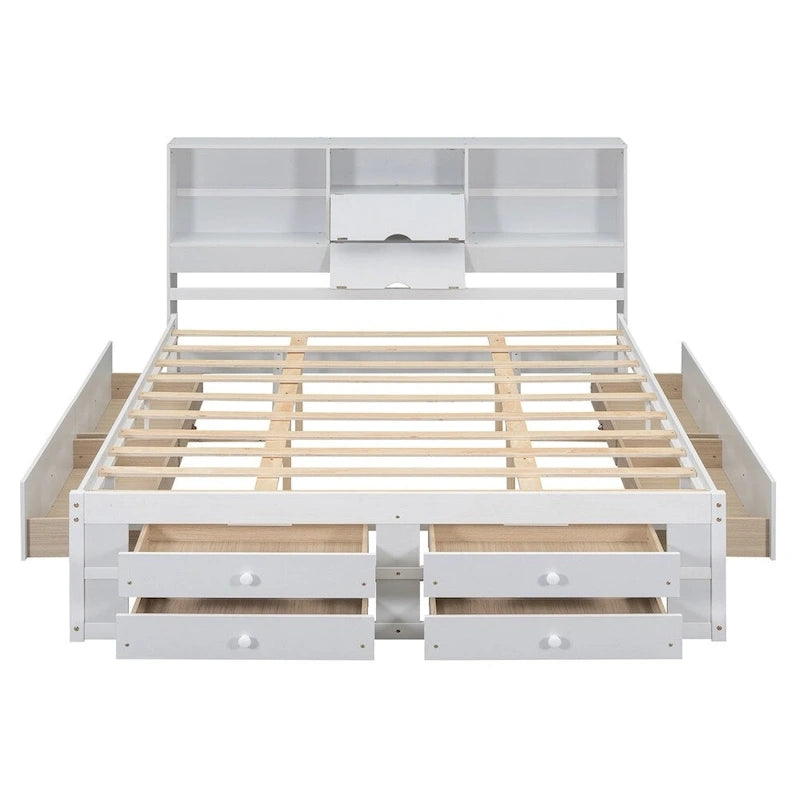 Queen Size Platform Bed with Storage Headboard and 8 Drawers