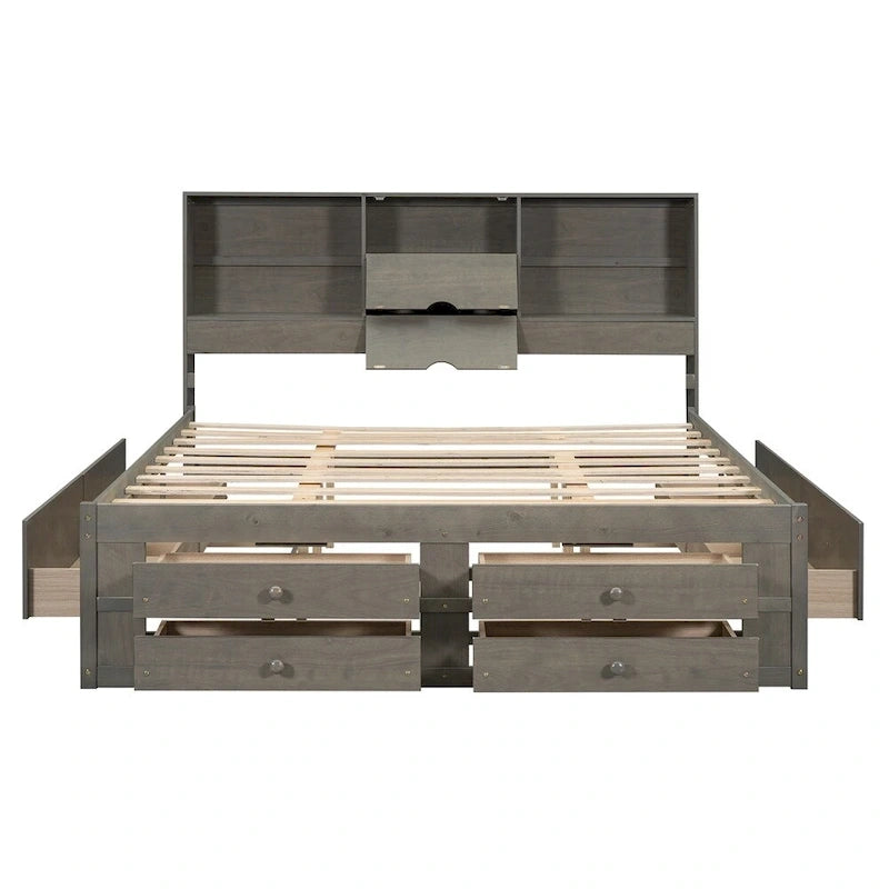 Queen Size Platform Bed with Storage Headboard and 8 Drawers