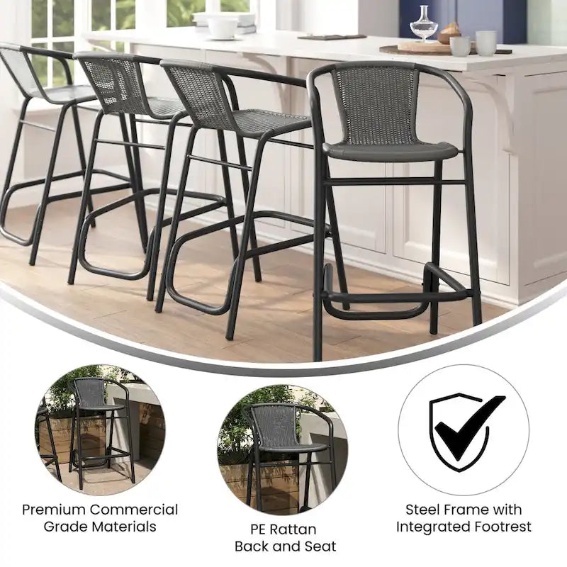 Commercial Indoor-Outdoor Rattan Restaurant Barstool with Aluminum Frame-Set of 4