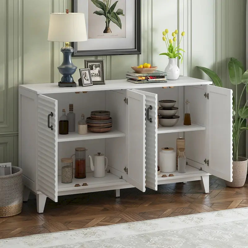 4-Door Sideboard Buffet Cabinet - Pine Wood with Adjustable Shelves (60")