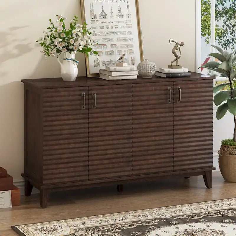 4-Door Sideboard Buffet Cabinet - Pine Wood with Adjustable Shelves (60")
