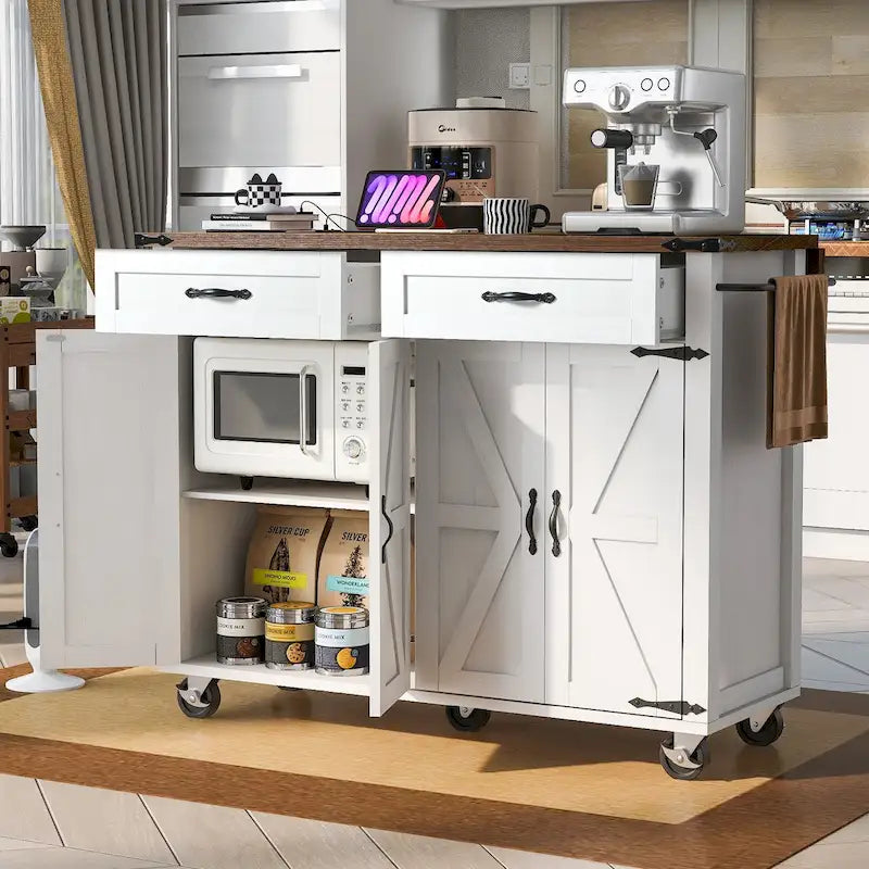 53.5 Farmhouse Kitchen Island with Power Outlet, Drop Leaf & Mobile Storage