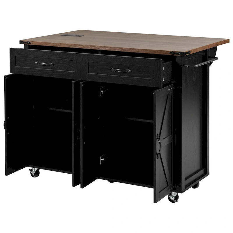 53.5 Farmhouse Kitchen Island with Power Outlet, Drop Leaf & Mobile Storage