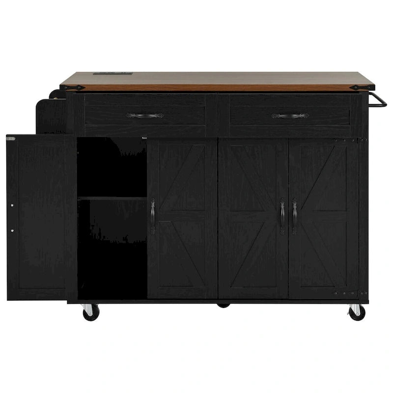 53.5 Farmhouse Kitchen Island with Power Outlet, Drop Leaf & Mobile Storage