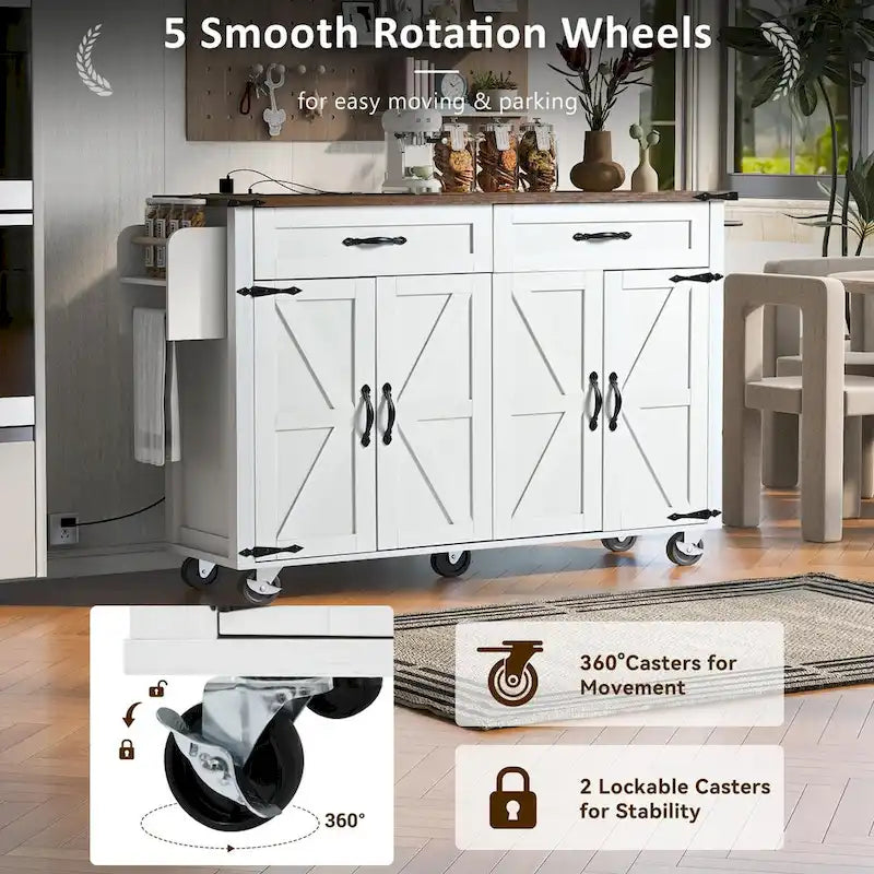53.5 Farmhouse Kitchen Island with Power Outlet, Drop Leaf & Mobile Storage