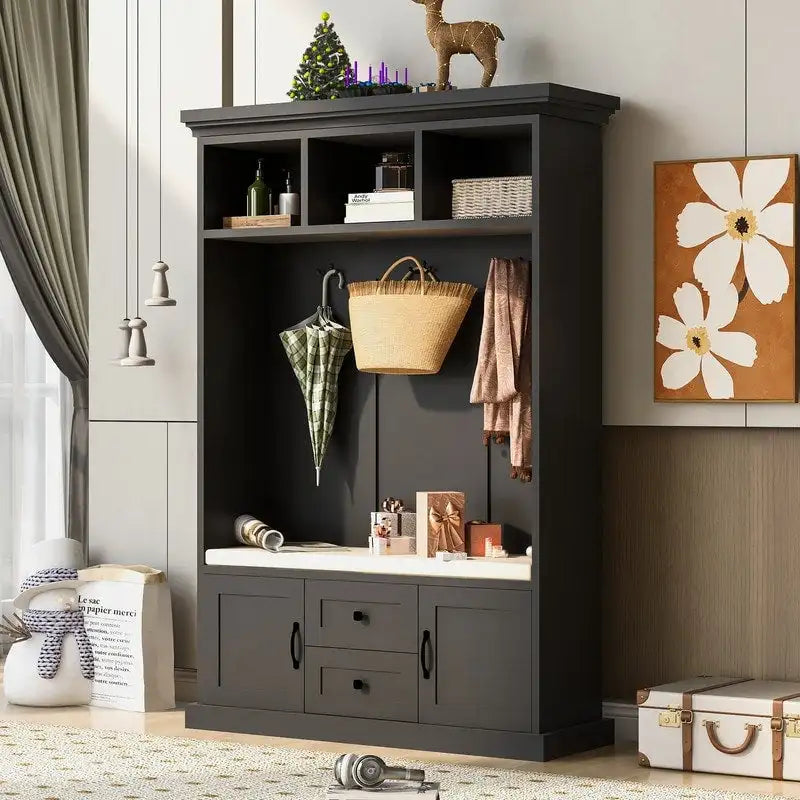 3-in-1 Design Hall Tree with Storage Bench,3 Hooks and Cushion