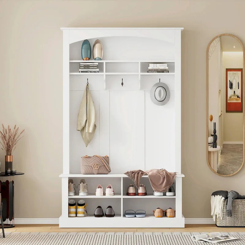 47.2 Wide Hall Tree with Bench and Shoe Storage: Multi-functional with 3 Hooks, Open Storage, Rectangle Shelves
