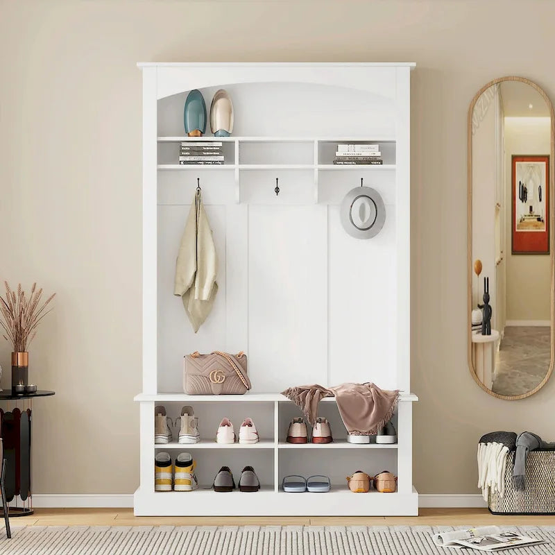 47.2 Wide Hall Tree with Bench and Shoe Storage: Multi-functional with 3 Hooks, Open Storage, Rectangle Shelves