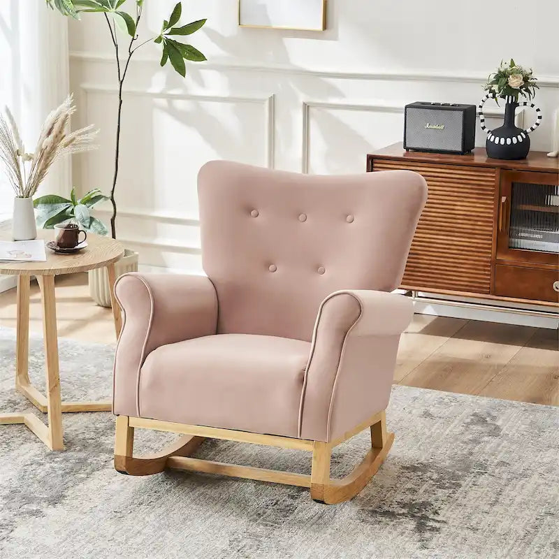 Velvet Tufted High Back Rocking Chair - Single Seat with Wood Legs