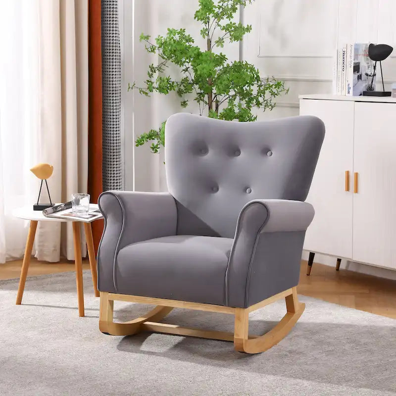 Velvet Tufted High Back Rocking Chair - Single Seat with Wood Legs