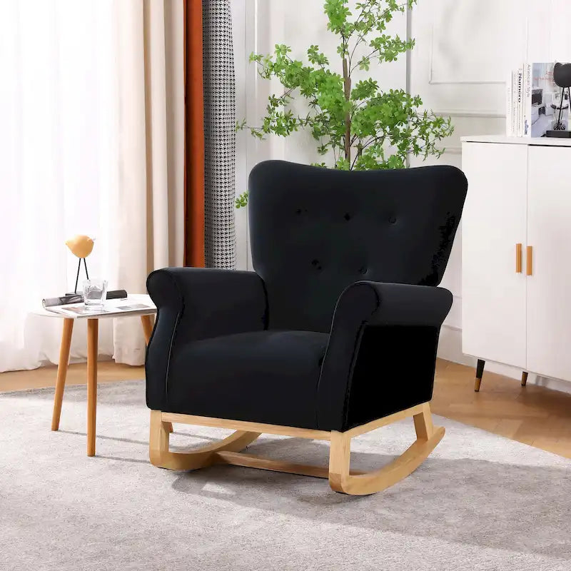 Velvet Tufted High Back Rocking Chair - Single Seat with Wood Legs