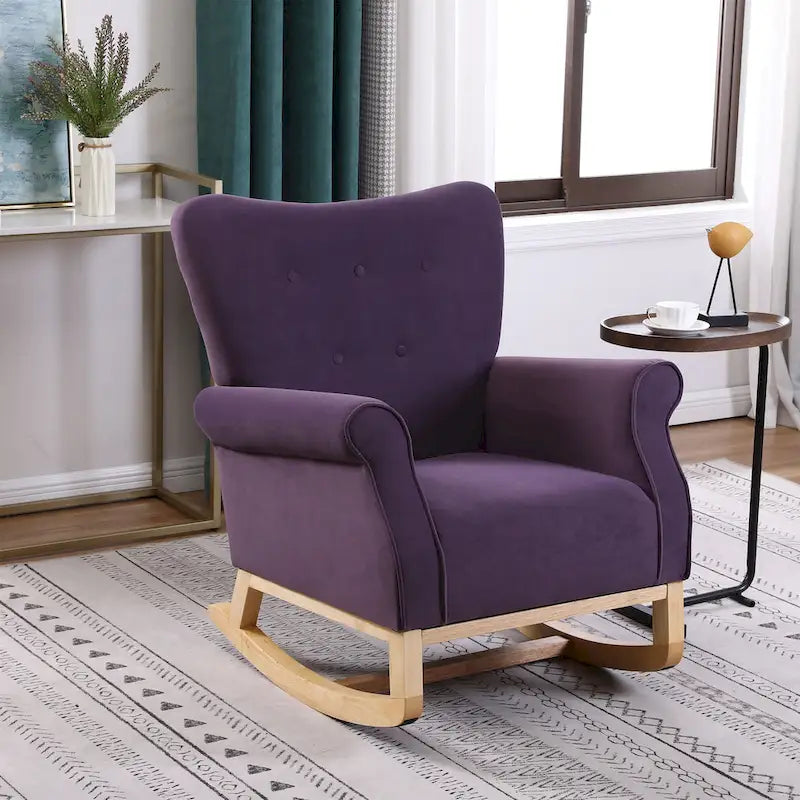 Velvet Tufted High Back Rocking Chair - Single Seat with Wood Legs